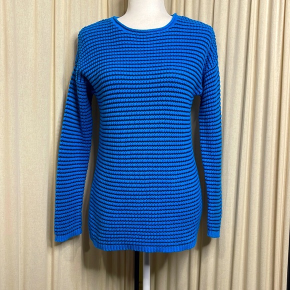 VINTAGE- 90’S LIZ CLAIBORNE OVERSIZED THICK BLUE KNITED CHUNKY SWEATER SIZE S - Picture 1 of 12
